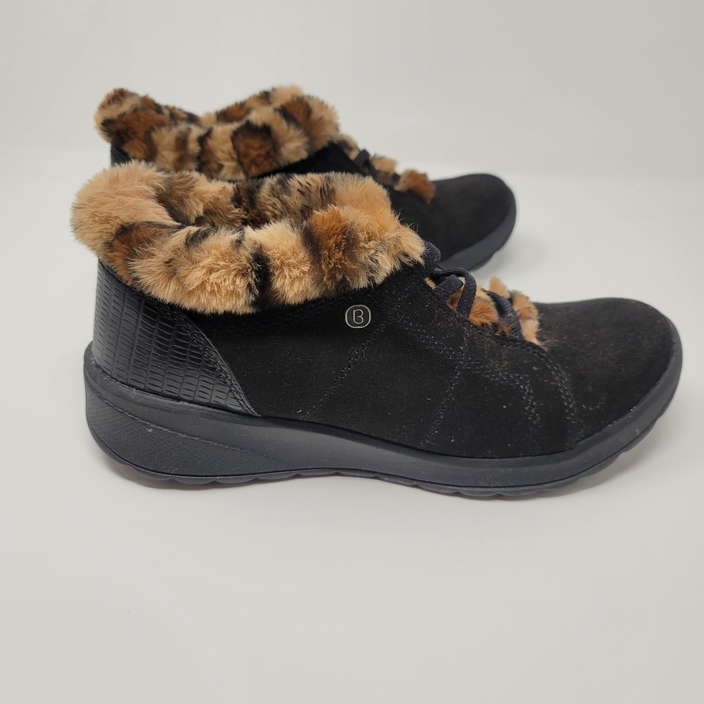 Bzees Golly Black Leopard Faux Fur SlipOn Ankle Boot Bootie 8W Machine Washable - Picture 5 of 12